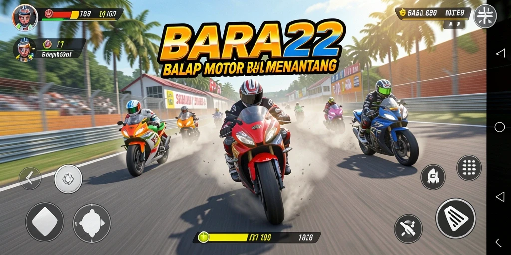 Antarmuka permainan BARA22 dengan motor balap yang mendebarkan.